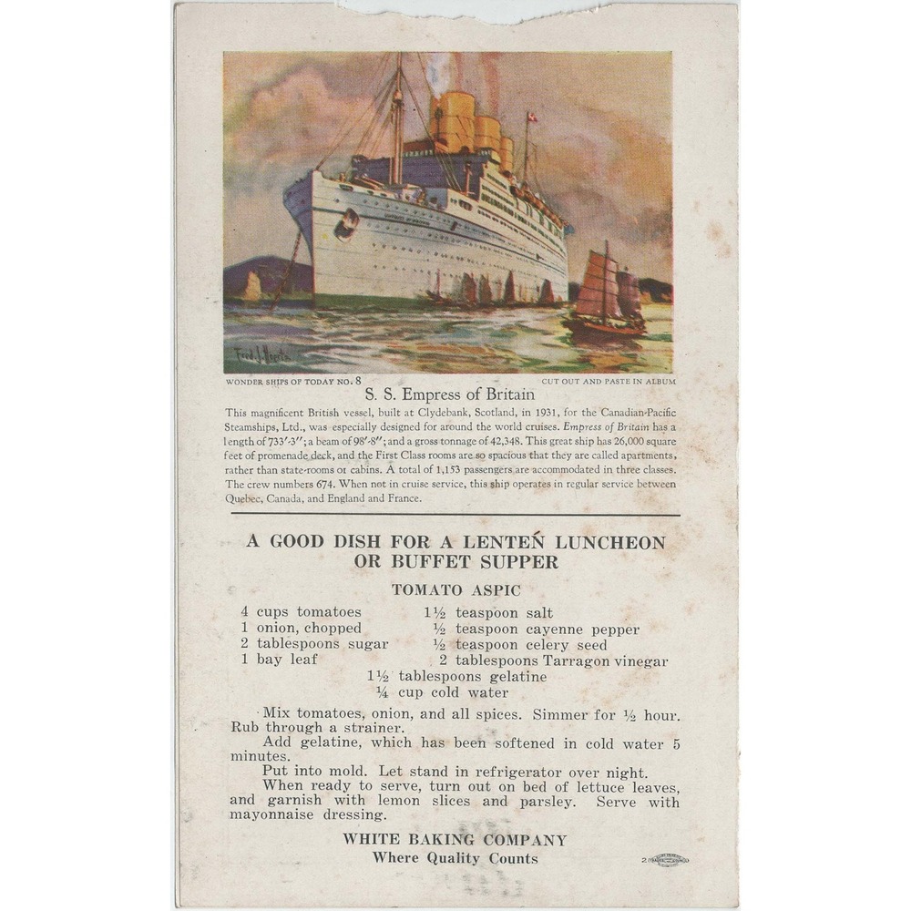 Vintage Whites Weekly Bulletin Jelly Roll SS Empress of Britain Tomato Aspic - Picture 2 of 3